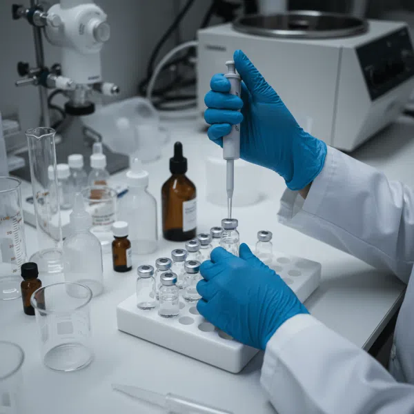 Manipulation précise d'échantillons CBD en fioles de verre pour analyse de conformité en laboratoire