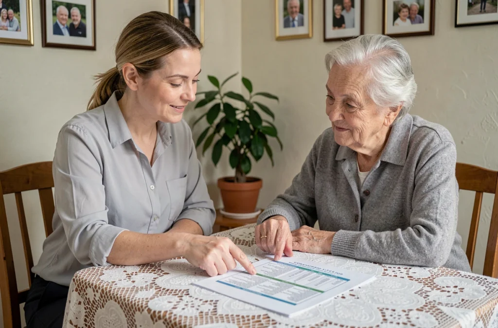 Professionnelle de santé aidant une personne âgée à planifier ses repas à domicile pour prévenir la dénutrition