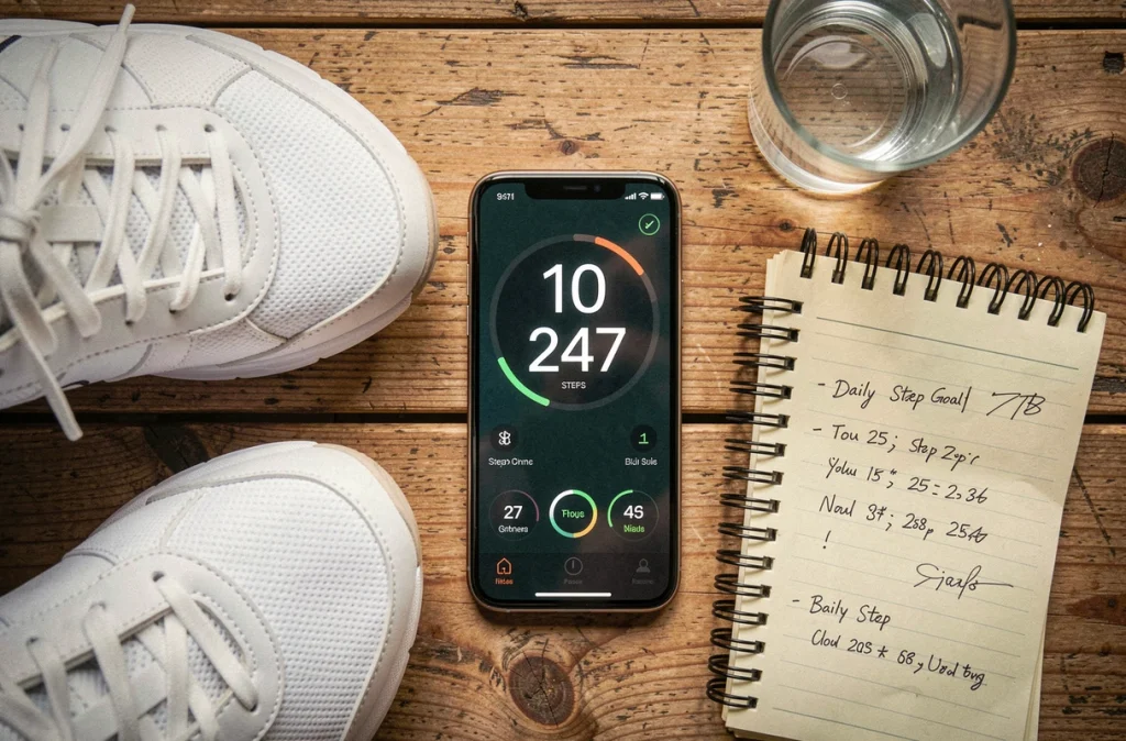 Vue de dessus d'un smartphone affichant 10 000 pas sur une application de comptage, posé près de chaussures de marche et un carnet de suivi fitness