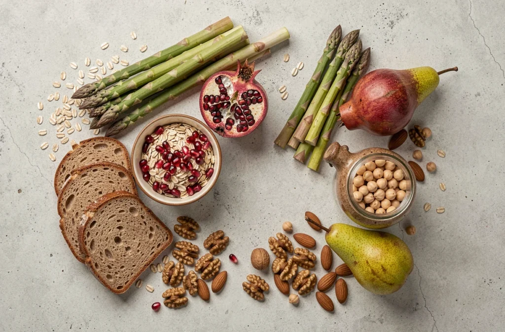 Assortiment d'aliments riches en fibres disposés en flat lay sur béton : avoine, légumineuses, pain complet et fruits