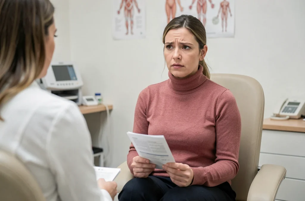 Femme consultant une gynécologue pour un test de grossesse négatif et l'absence de règles, cabinet médical