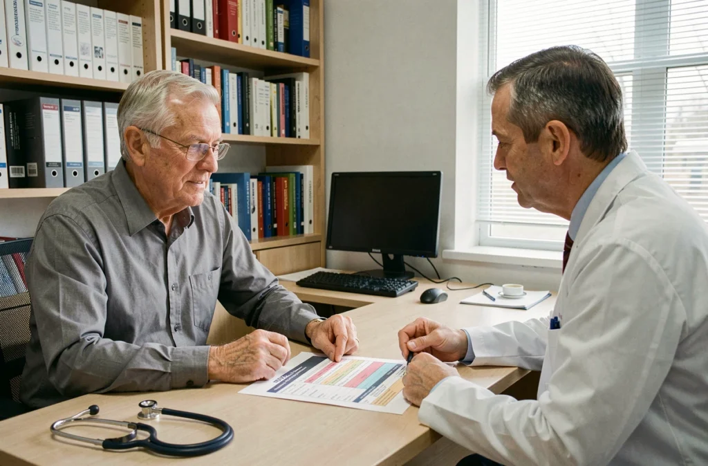 Médecin généraliste discutant du calendrier vaccinal recommandé avec un patient senior lors d'une consultation