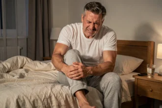 Homme adulte souffrant d'une contracture musculaire du mollet la nuit assis au bord du lit en se tenant le mollet