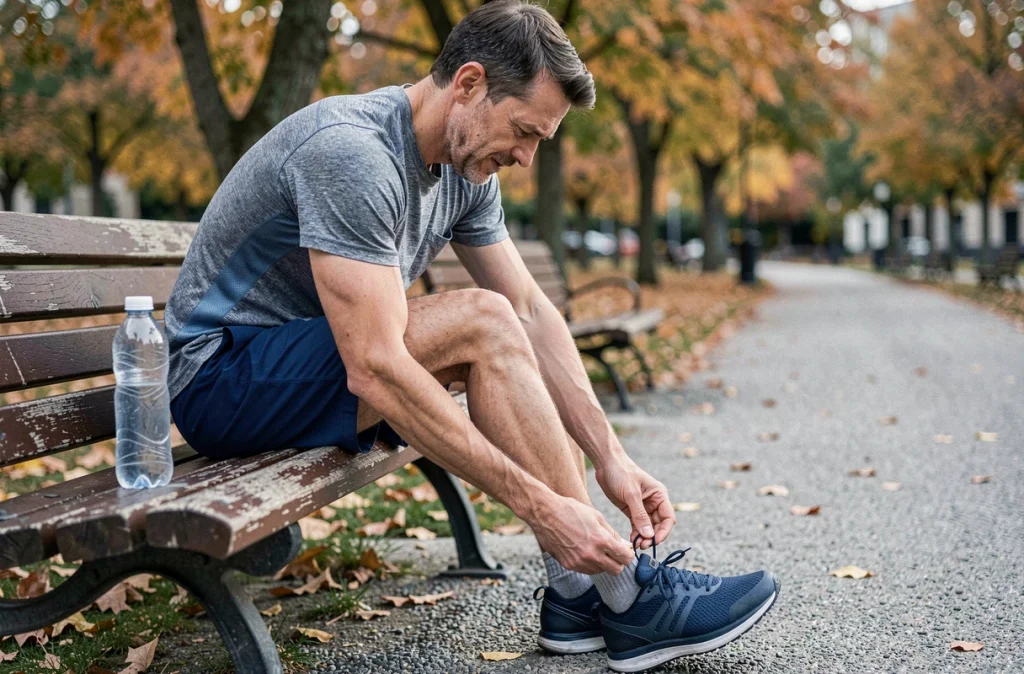 Coureur inspectant une douleur au bord externe du pied gauche après une séance de jogging en plein air