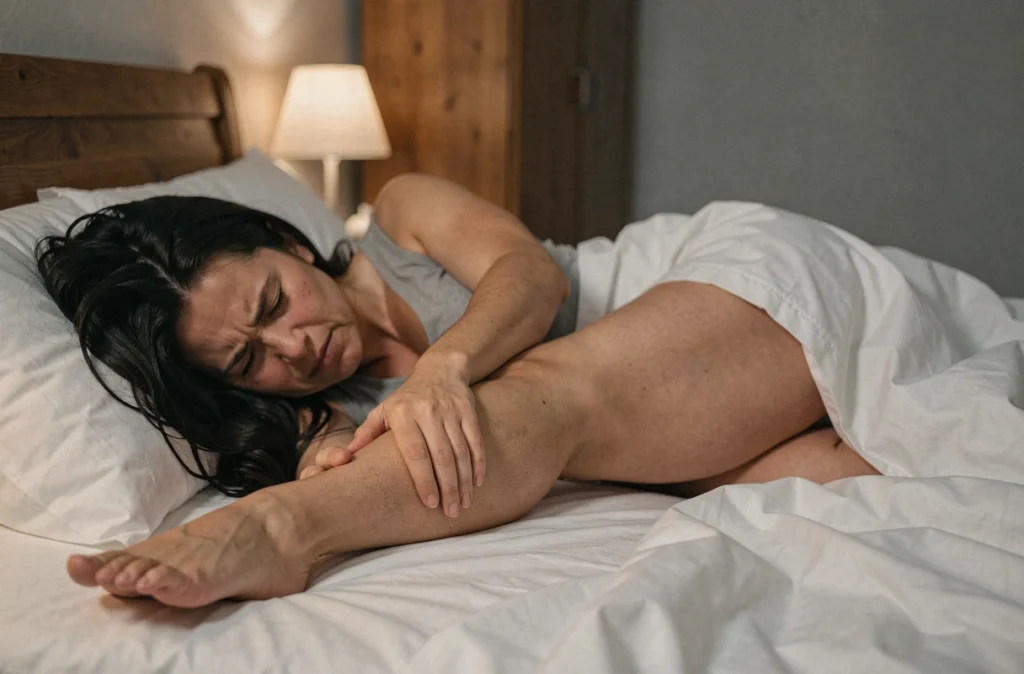 Femme souffrant d'une crampe nocturne au mollet allongée dans son lit en se massant la jambe