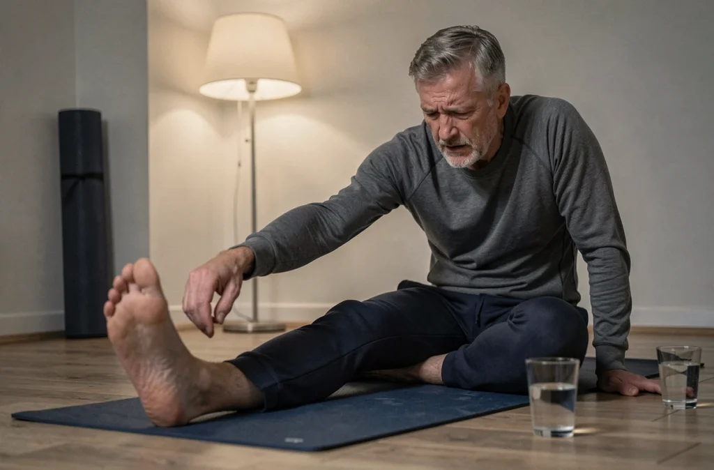 Homme d'âge mûr effectuant un étirement du mollet sur un tapis de yoga pour soulager une contracture musculaire nocturne