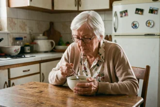 Femme âgée seule mangeant une soupe dans sa cuisine modeste, illustrant le risque de dénutrition chez les personnes âgées isolées