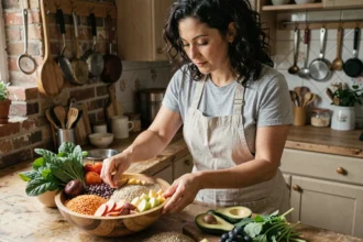 Femme préparant un bol de légumes et aliments riches en fibres dans une cuisine rustique