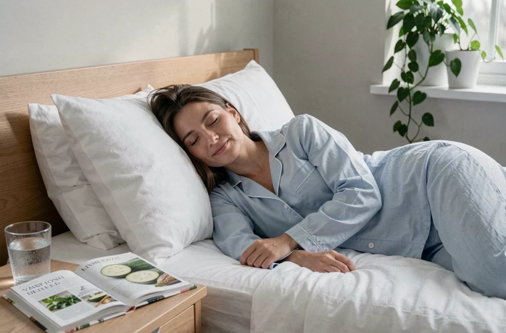 Femme au repos dans une chambre apaisante avec un livre de recettes à la courgette, illustrant les bienfaits de la courgette pour mieux dormir