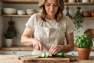 Femme qui coupe des courgettes fraîches sur une planche en bois dans une cuisine chaleureuse, illustrant les bienfaits de la courgette au quotidien