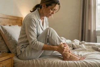 Femme massant son talon douloureux au réveil à cause d'une épine calcanéenne