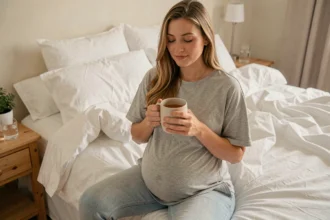 Femme enceinte assise sur le bord du lit tenant une tasse de thé au gingembre pour soulager les nausées matinales