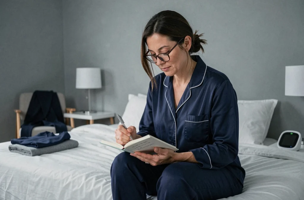 Femme notant ses habitudes de sommeil dans un carnet, approche consciente du sommeil pour favoriser la perte de poids