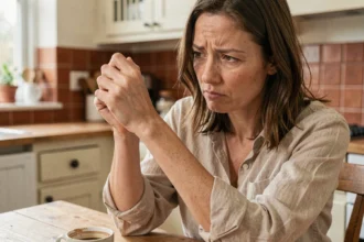Femme se grattant la main gauche distraitement à une table de cuisine en bois, expression pensive et intriguée