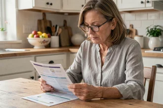 Femme d'âge mûr lisant une notice de médicament à sa table de cuisine, illustrant la compréhension des effets secondaires d'un traitement hormonal local