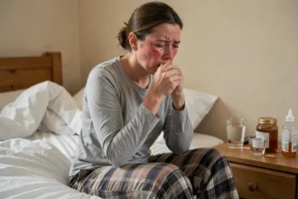Femme adulte assise sur son lit souffrant d'une quinte de toux persistante malgré le sirop