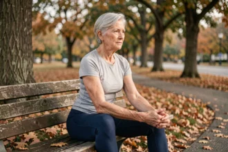 Femme de 68 ans pratiquant des étirements doux sur un banc de parc en automne pour améliorer sa mobilité