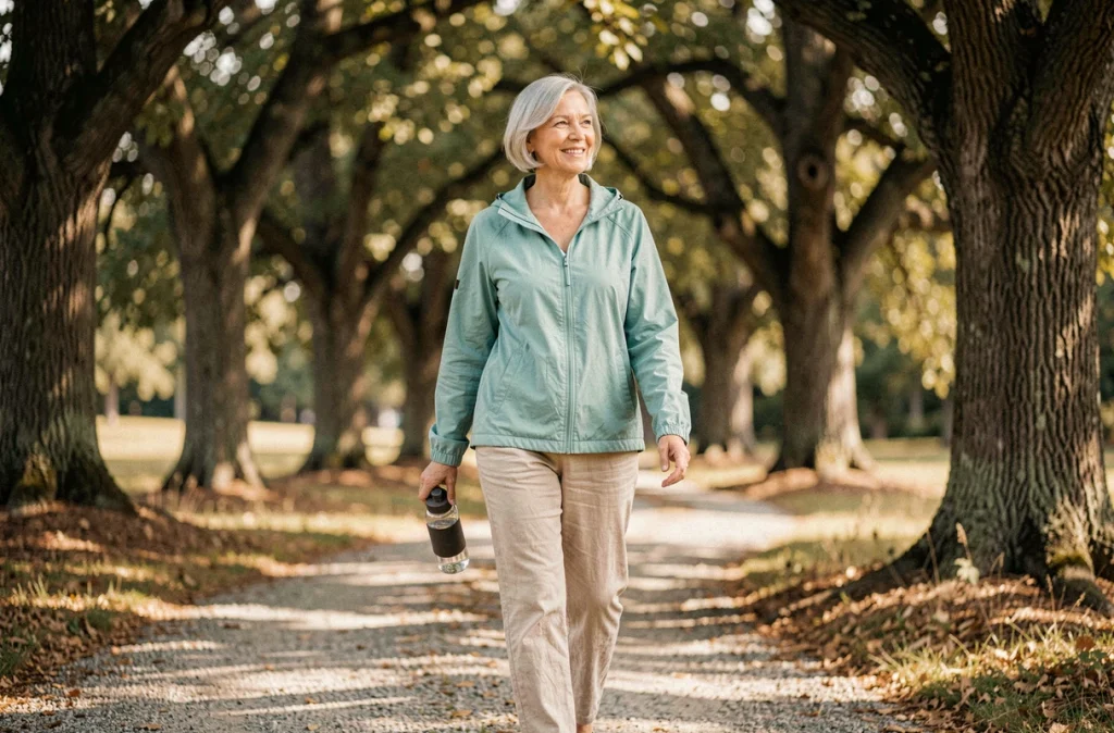 Femme senior souriante marchant sur un chemin de parc avec une bouteille d'eau, illustrant les bienfaits des 10000 pas quotidiens