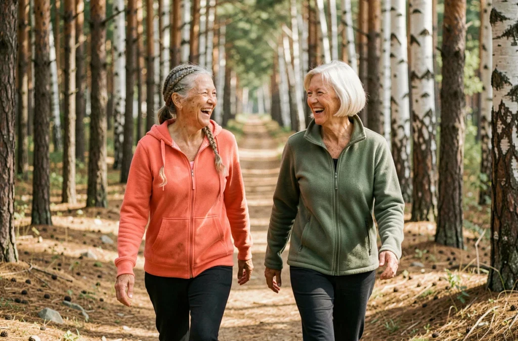 Deux femmes seniors marchant ensemble sur un sentier forestier en riant, illustrant les bienfaits de la marche douce après 65 ans