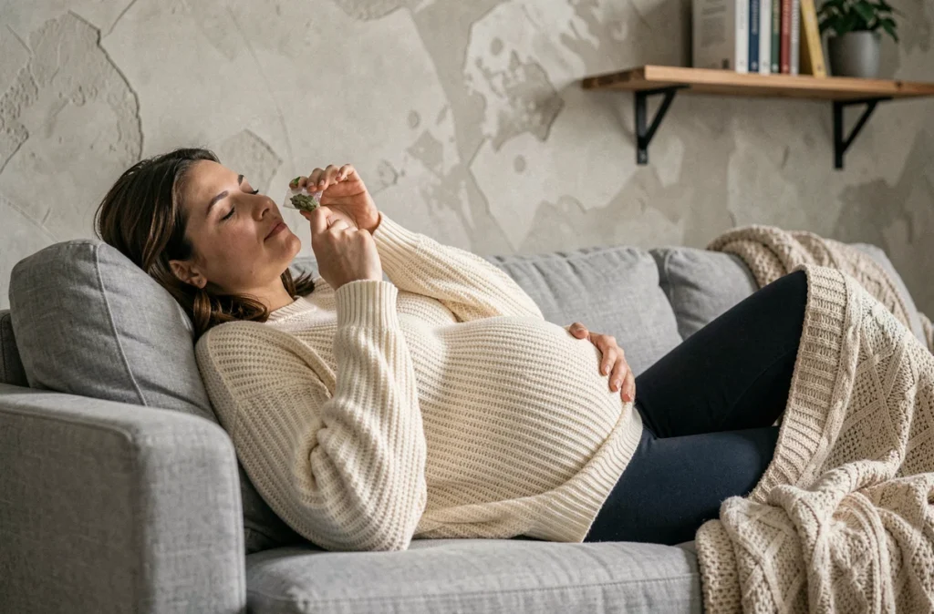 Femme enceinte allongée sur un canapé avec un sachet de menthe poivrée pour soulager les nausées matinales
