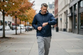 Homme actif dans la quarantaine marchant d'un pas soutenu en ville avec une montre connectée affichant ses pas