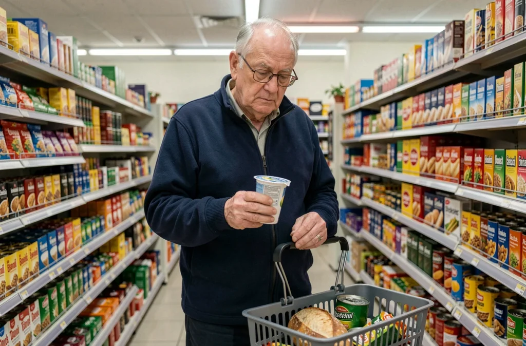 Homme âgé faisant ses courses seul avec un panier presque vide, symbole de la dénutrition et de l'isolement des seniors