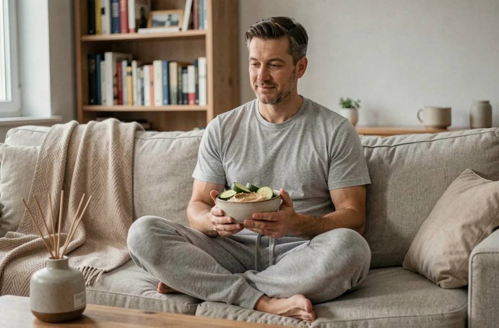 Homme détendu sur un canapé tenant un bol de courgettes crues, illustrant les bienfaits de la courgette pour réduire les grignotages et favoriser la sérénité