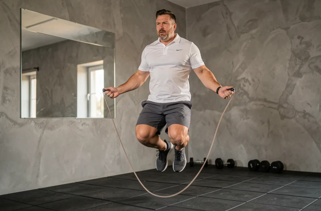 Homme d'âge moyen sautant à la corde dans une salle de sport à domicile pour maigrir