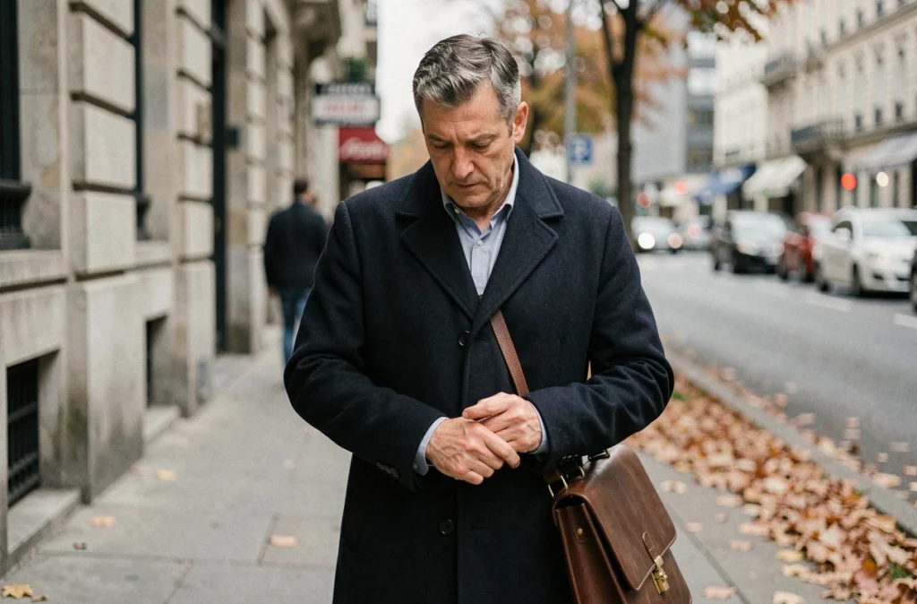 Homme d'affaires s'arrêtant dans la rue pour regarder sa main gauche qui le gratte, atmosphère urbaine automnale