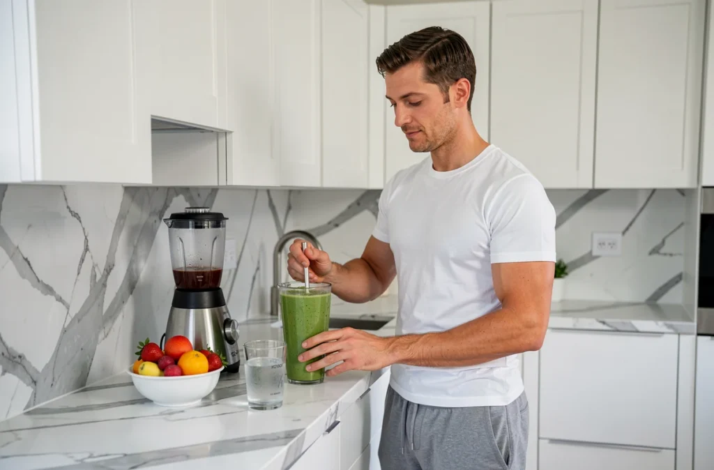 Homme en forme préparant un petit-déjeuner sain le matin, symbolisant les bénéfices du sommeil réparateur dans un programme minceur