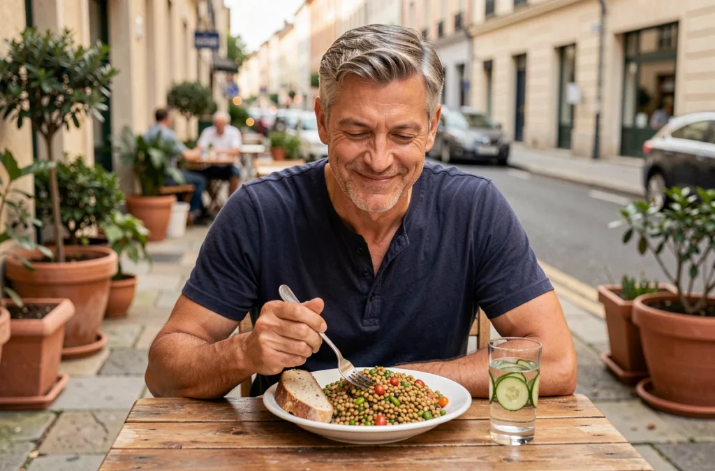Homme mangeant une salade de lentilles et du pain complet en terrasse pour contrôler son appétit
