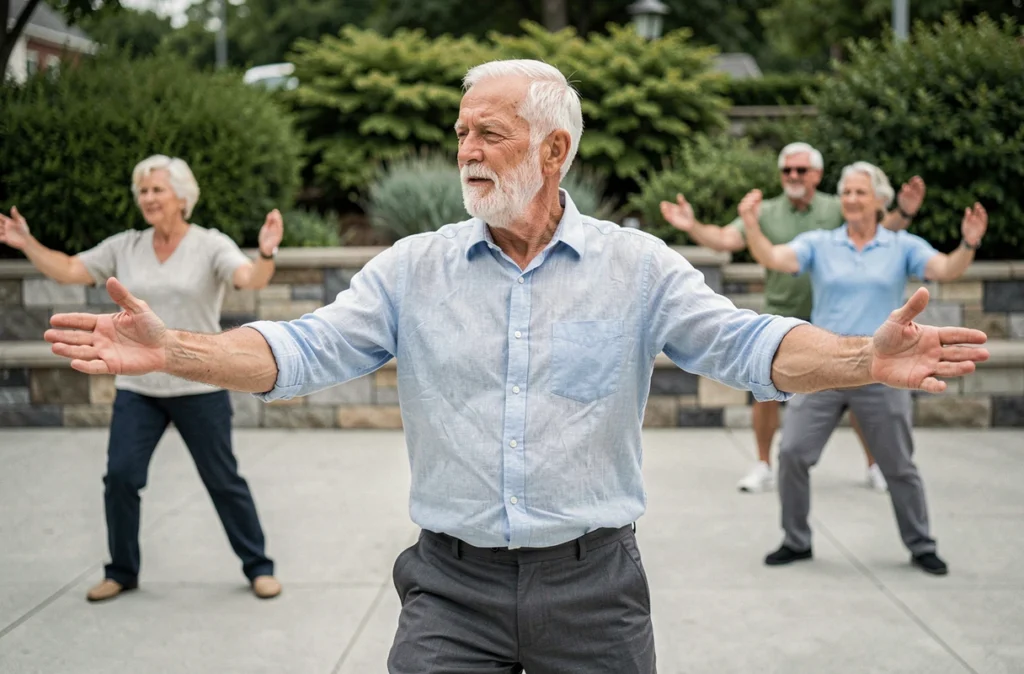 Homme senior de 72 ans pratiquant le tai chi en groupe en plein air dans un espace urbain verdoyant