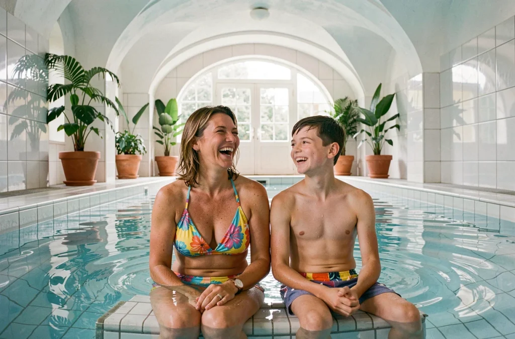 Mère et fils adolescent dans une piscine de balnéothérapie intérieure d'un spa familial dans le Cher, ambiance joyeuse et détendue