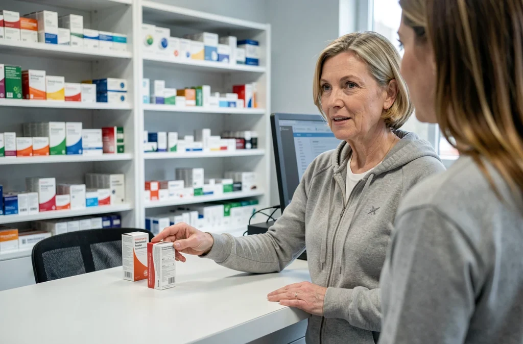 Pharmacienne expliquant les effets d'un médicament gynécologique à une patiente au comptoir d'une pharmacie