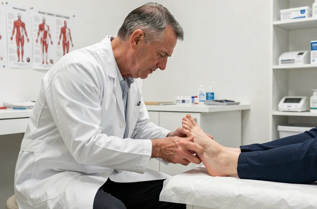 Podologue examinant le talon d'un patient souffrant d'une épine calcanéenne en cabinet médical