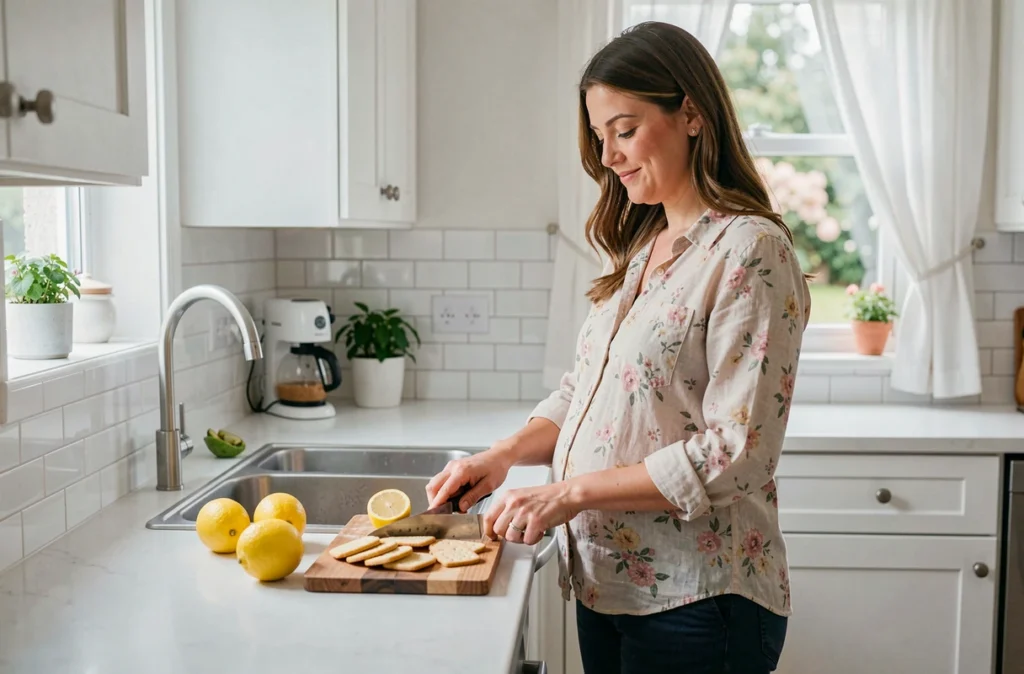 Femme enceinte préparant des crackers et du citron dans la cuisine pour atténuer les nausées de grossesse