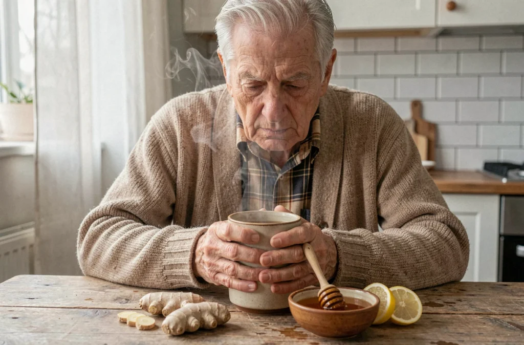 Homme âgé utilisant des remèdes naturels comme le miel et le gingembre pour soulager une toux persistante