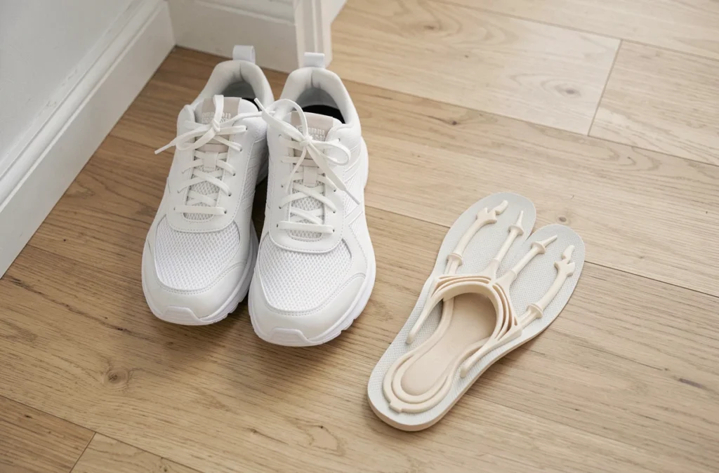 Semelles orthopédiques pour épine calcanéenne posées dans des chaussures de sport blanches