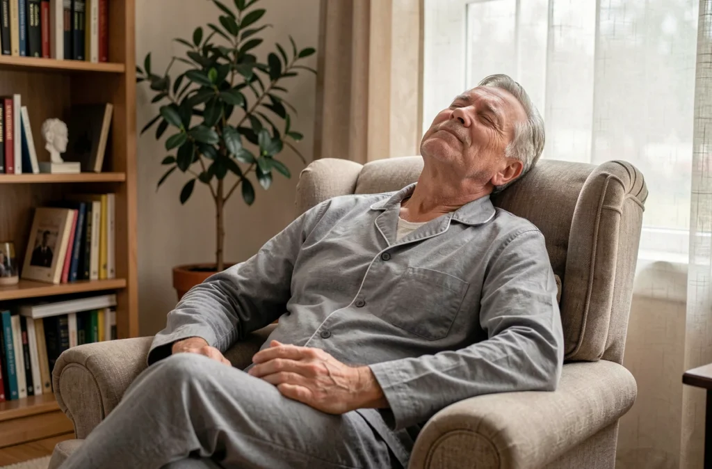 Homme senior en pyjama faisant une sieste réparatrice dans un fauteuil confortable, symbolisant les habitudes de repos sain chez les personnes âgées