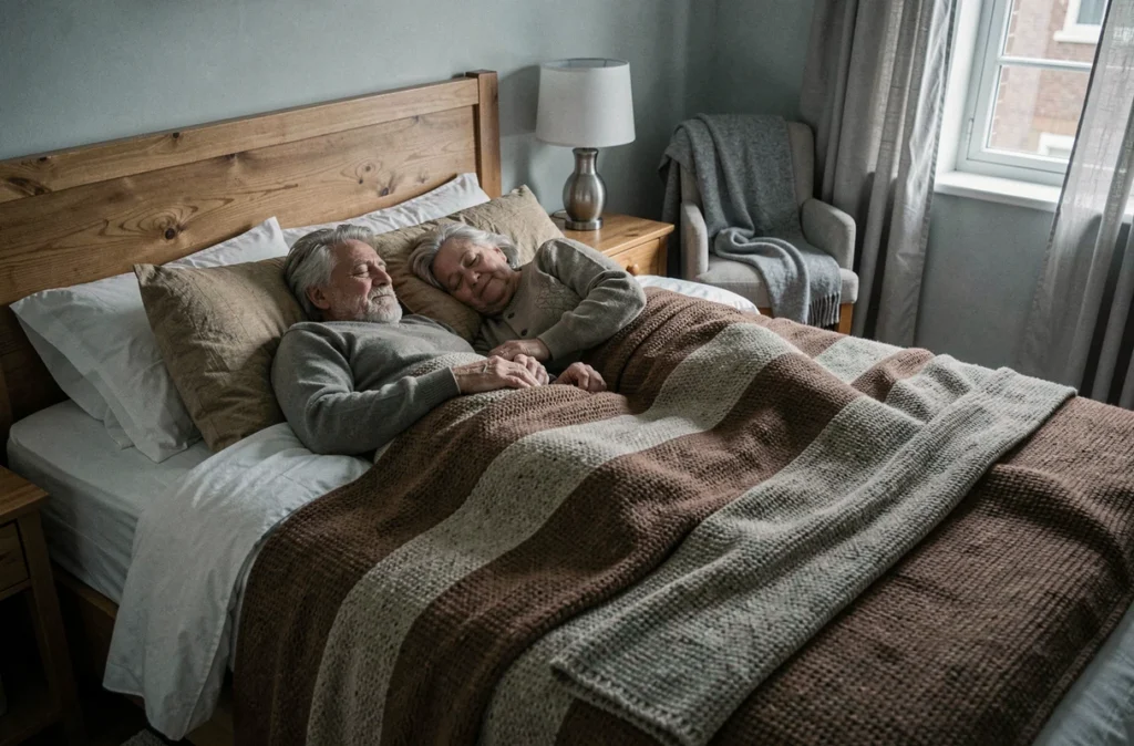 Couple de seniors dormant ensemble dans une chambre apaisante avec des couvertures en tons naturels, illustrant l'importance du sommeil de qualité pour la santé des personnes âgées