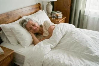 Femme senior dormant paisiblement dans un lit douillet avec des draps en coton blanc, illustrant l'importance du sommeil réparateur pour les personnes âgées