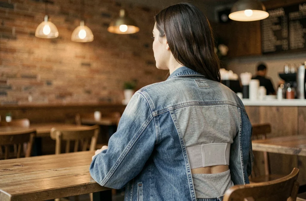Femme assise dans un café avec un soutien-gorge de posture Percko visible sous sa veste en jean