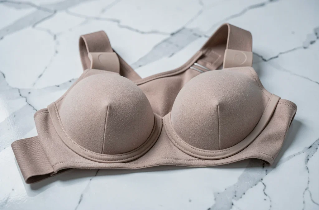 Détail du soutien-gorge correcteur de posture Percko posé sur marbre blanc montrant les bandes élastiques et la structure technique