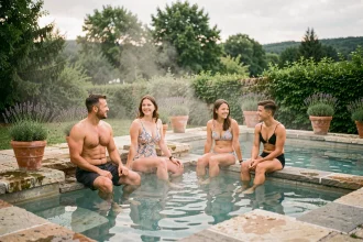 Famille avec enfants et ados se relaxant dans un spa extérieur en plein air dans le Cher, entouré de verdure et de terrasses en pierre
