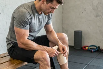 Athlète masculin appliquant du taping kinésiologique sur le mollet en salle de récupération sportive