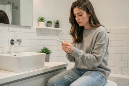Jeune femme tenant un test de grossesse négatif dans une salle de bain moderne, expression pensive et incertaine
