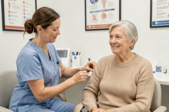 Infirmière administrant un vaccin à une femme senior dans un cabinet médical moderne en 2024