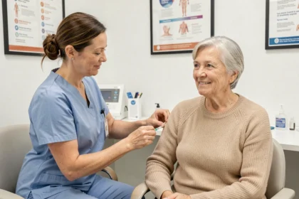 Infirmière administrant un vaccin à une femme senior dans un cabinet médical moderne en 2024