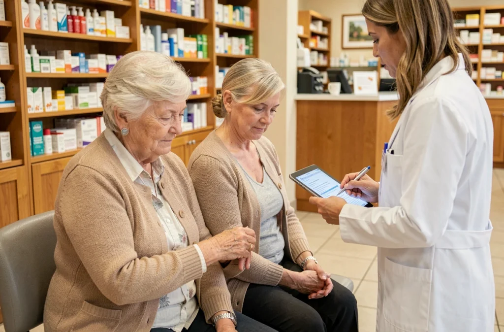 Deux femmes seniors en pharmacie attendant leur vaccination recommandée par un pharmacien en blouse blanche