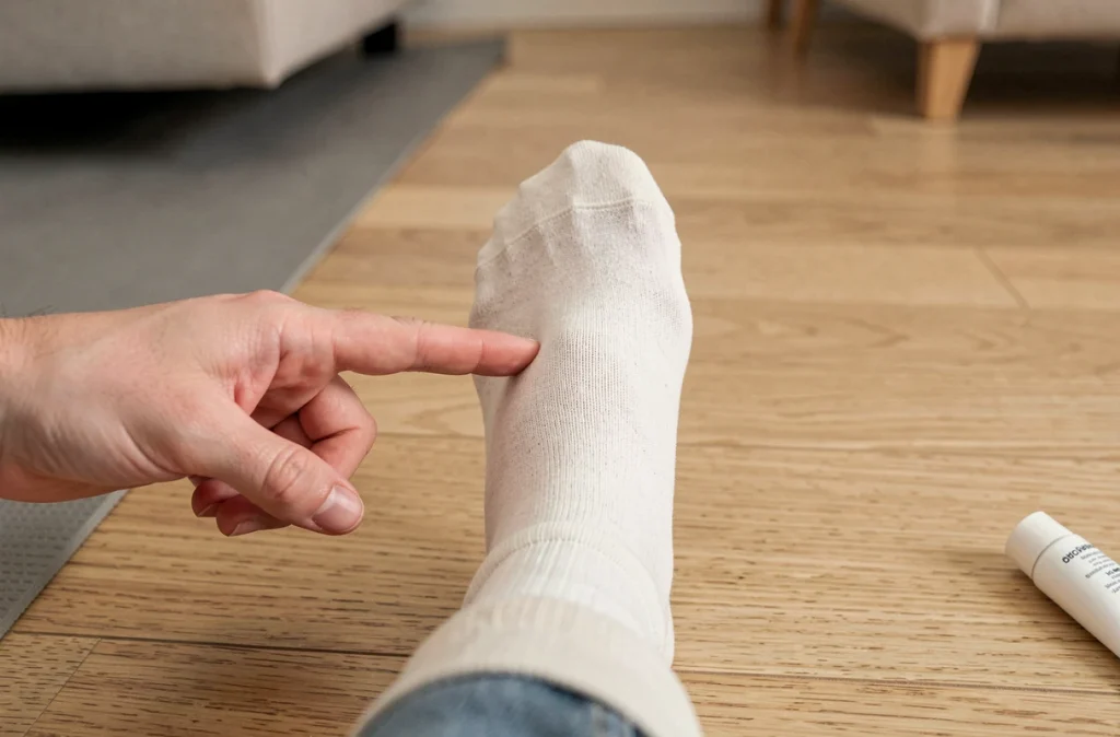 Vue en plongée du côté extérieur du pied gauche indiqué par une main dans un contexte de soins à domicile
